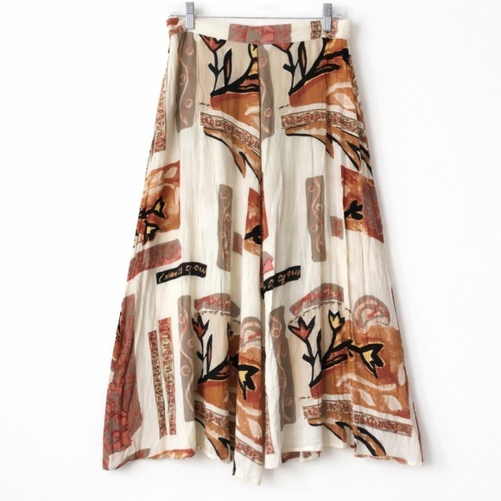 Surya 90s Y2k Boho Rayon Midi Skirt Abstract Earthy Print Elastic Waist Size M